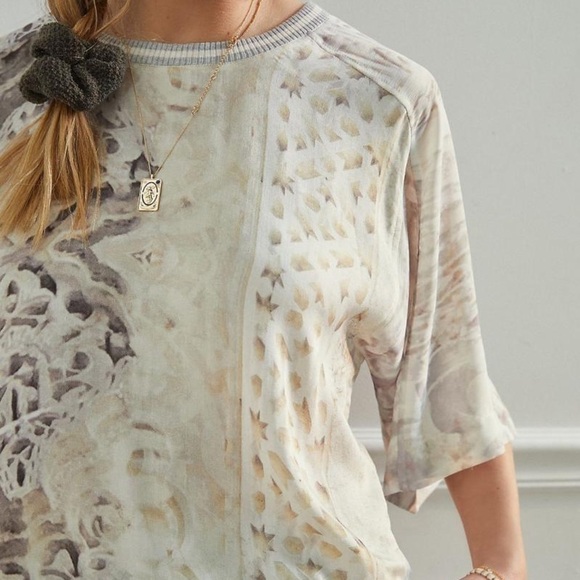 Anthropologie x Tiny Valetta Top Loungewear Neutral Patchwork Short Sleeve | XS - Picture 4 of 13